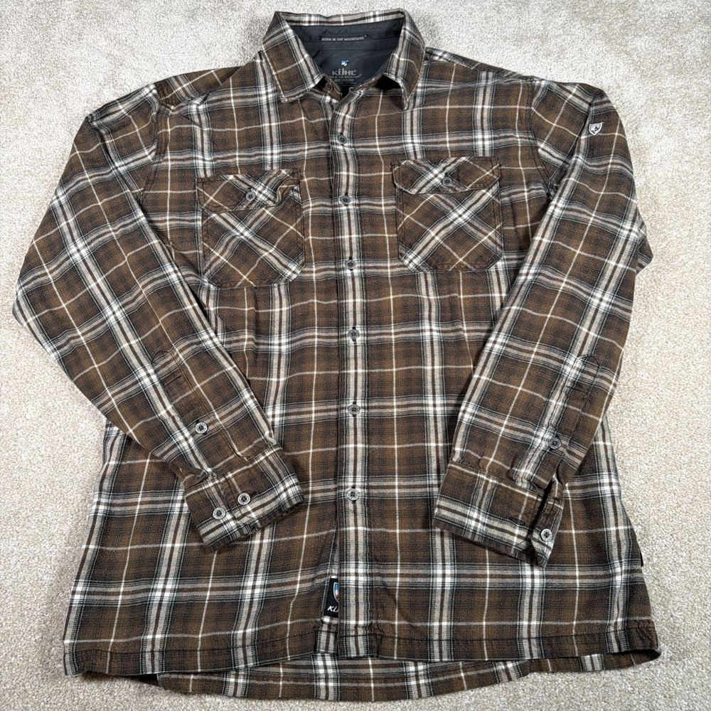 Kuhl Metal Button Long Sleeve Flannel Shirt Mens Medium Brown Plaid Soft Outdoor